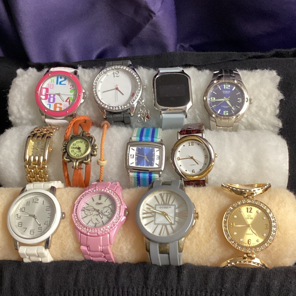 12 Asst. Colorful Watch Collection, new batteries, work.  Casio, Gossip & others